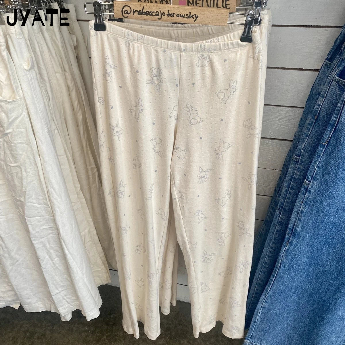 Rabbit Print Eyelet 2 Pieces Set Women Casual Cotton Soft Pajama Camisole+Long Pants Cozy Cute Sweet Tank Tops Trousers Sets Y2K