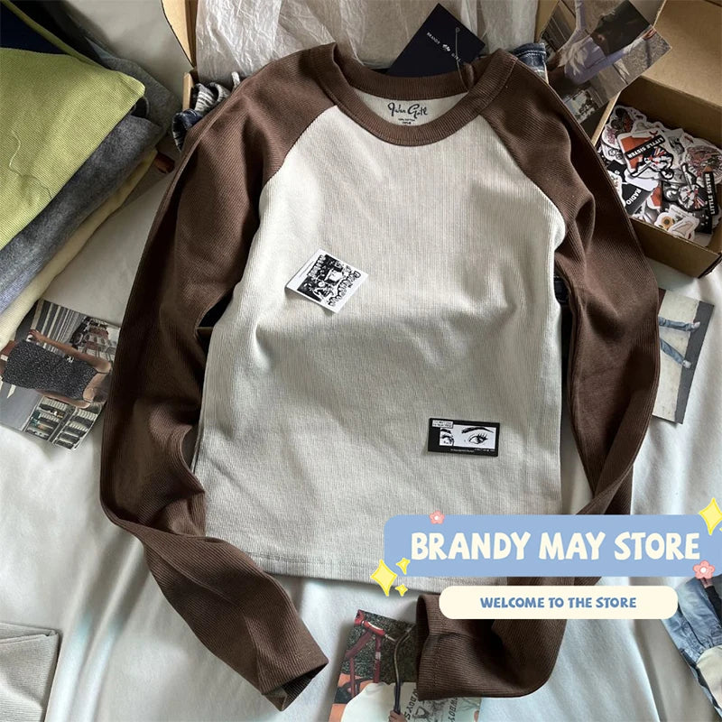 Retro Patchwork Ribbed T-shirt Women Autumn Casual O-Neck Cotton Long Sleeve Tee Shirt Vintage Streetwear Chic T Shirt Y2K Tops