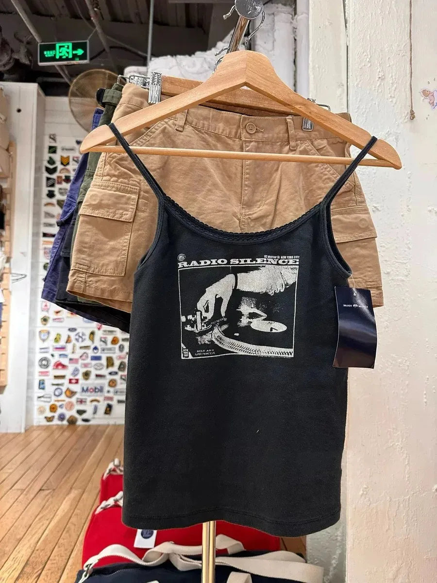 Vintage Radio Print Slim Tank Tops Women Summer New Cotton Casual Lace Trim Sleeveless Vests Harajuku Streetwear Camisole Y2K