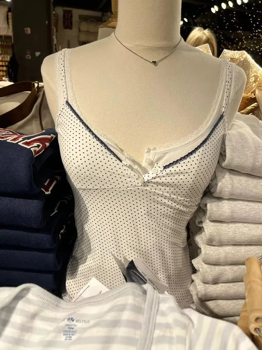 OOTDS Polka Dot White Slim Crop Top Women Navy Lace Trim Two Buttons Cotton Cropped Camisole Sweet Cute Preppy Style Tank Tops