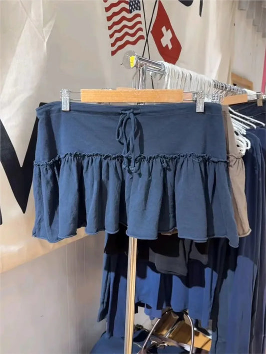 Solid Ruffle Drawstring Mini Skirts Women Summer Raw Hem Low Waist A-line Short Faldas Female Vintage Preppy Style Cotton Skirt