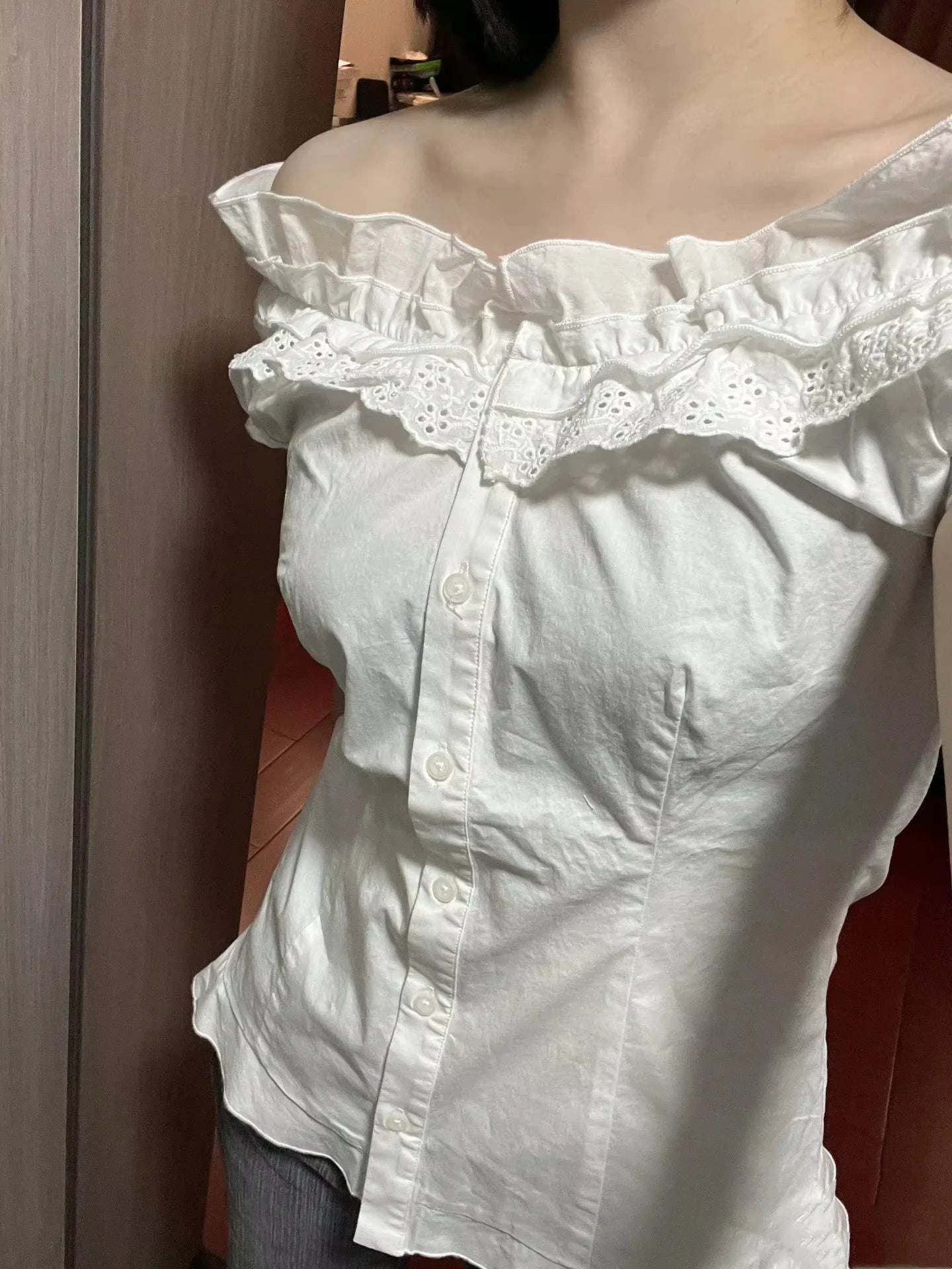 Lace Trim Ruffles Floral Embroidery Tees Blouse Woman Summer Cotton Slash Neck Short Puff Sleeve Shirts Sweet Cute White T-shirt
