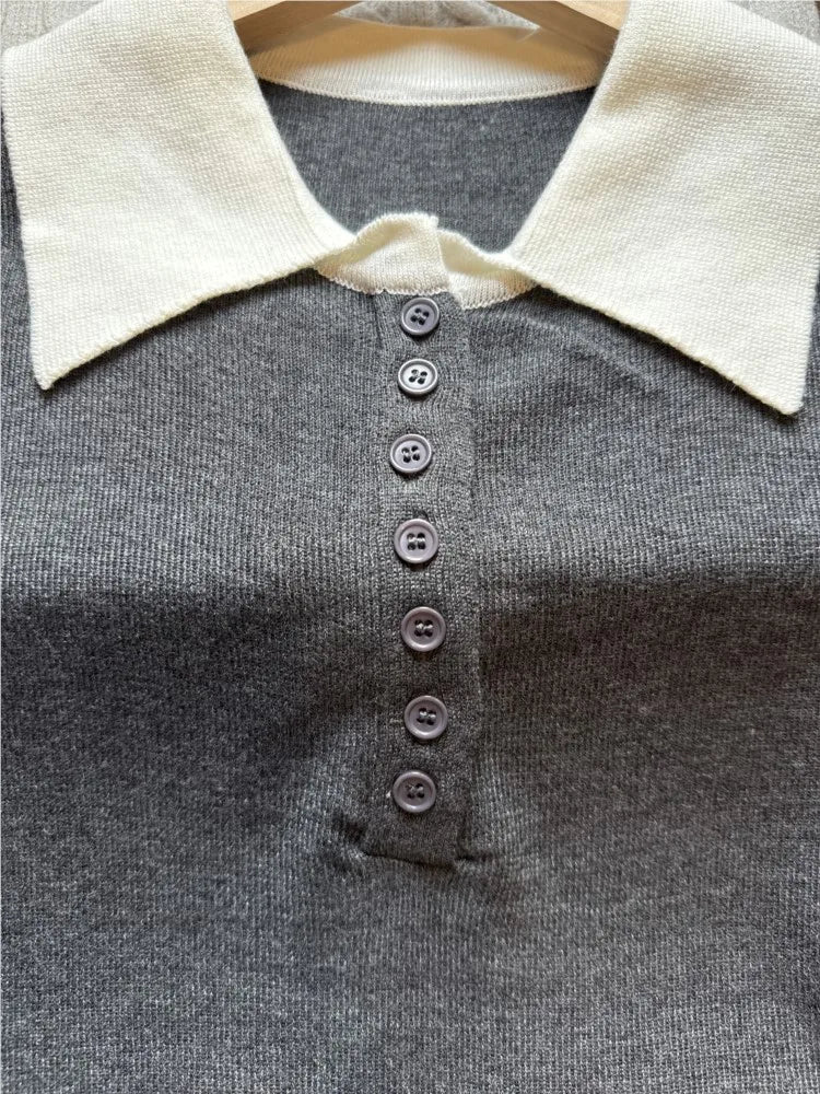 Gray Buttons Knitted Tops Women Summer New Cotton Casual Patchwork Turn-down Collar Tees Female Sweet Preppy Style T-shirts Y2K