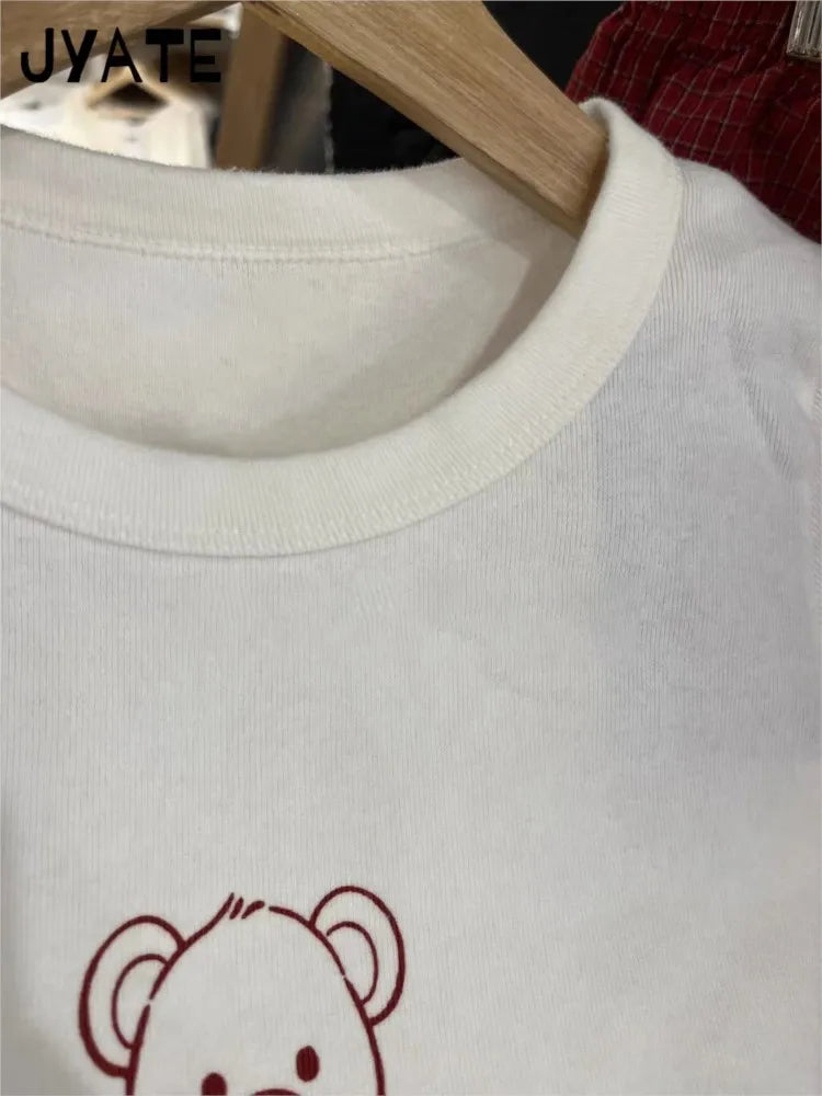 Strawberry Bear Print T-shirts Women Summer Casual Preppy Style Cotton Slim Short Sleeve Tees Sweet Cute Vintage Tops Clothes