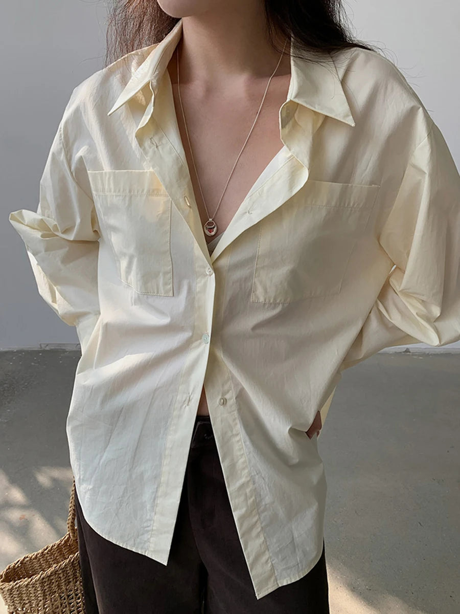 Basic Simple Buttons Blouse Tops Women New Streetwear Solid Turn-down Collar Long Sleeve Tee Sweet Chic Elegant T-shirts Y2K Top