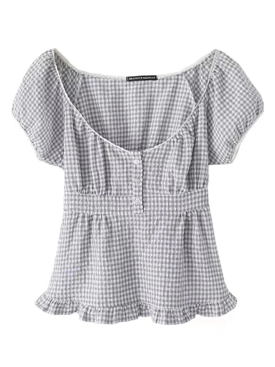 Vintage Gray Plaid Short Puff Sleeve Tee Women Three Button Square Neck Lace Trim T-Shirt Blouse Sweet Cute Retro Crop Tops New