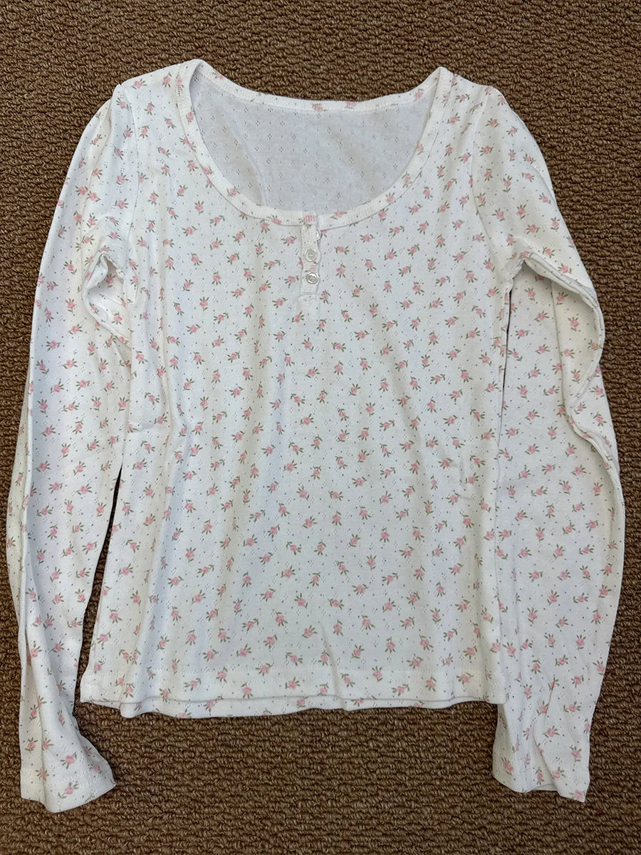 Floral Zelly T-shirts Women Spring Casual Simple Cotton Soft Button Long Sleeve Tees Sweet Cute Preppy Style Tshirt