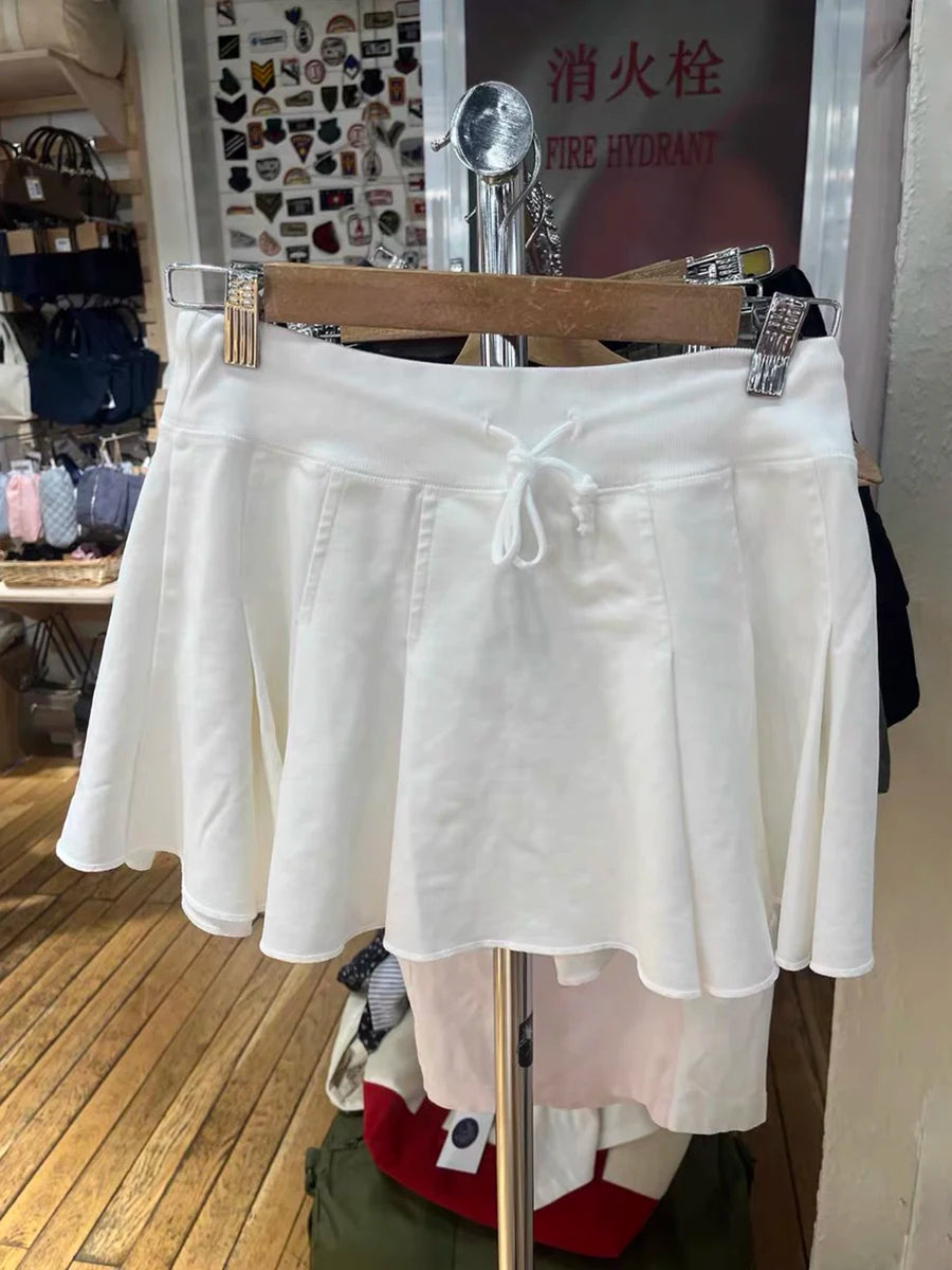 Sweet White Lace-up Pleated Skirt Women Summer Casual Elastic Waist Cotton Sports Skirts Faldas Vintage All-match A-line Short