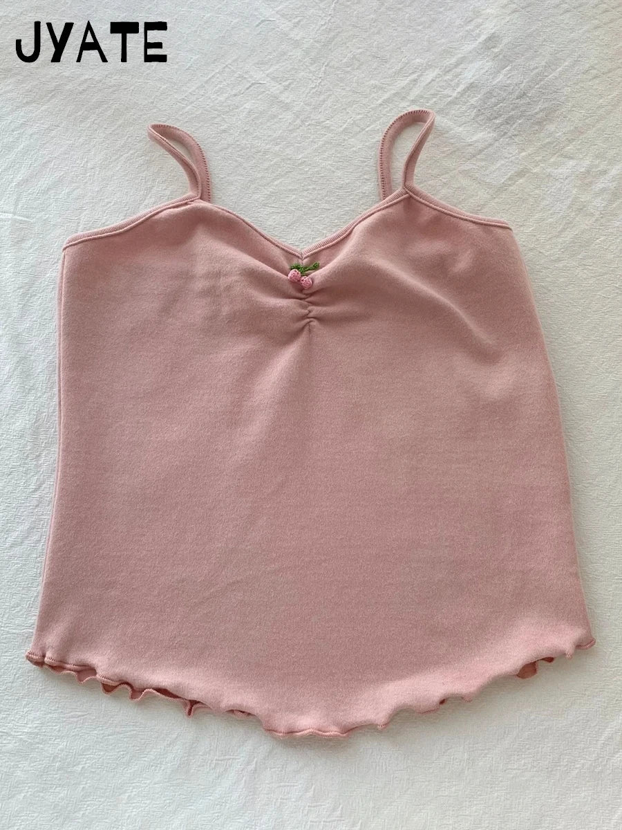 New Sweet Tie Flowers Fungus Trim Camis Women Cotton Streetwear Slim Simple Cropped Vests Cute Basic Preppy Style Tank Tops Y2K
