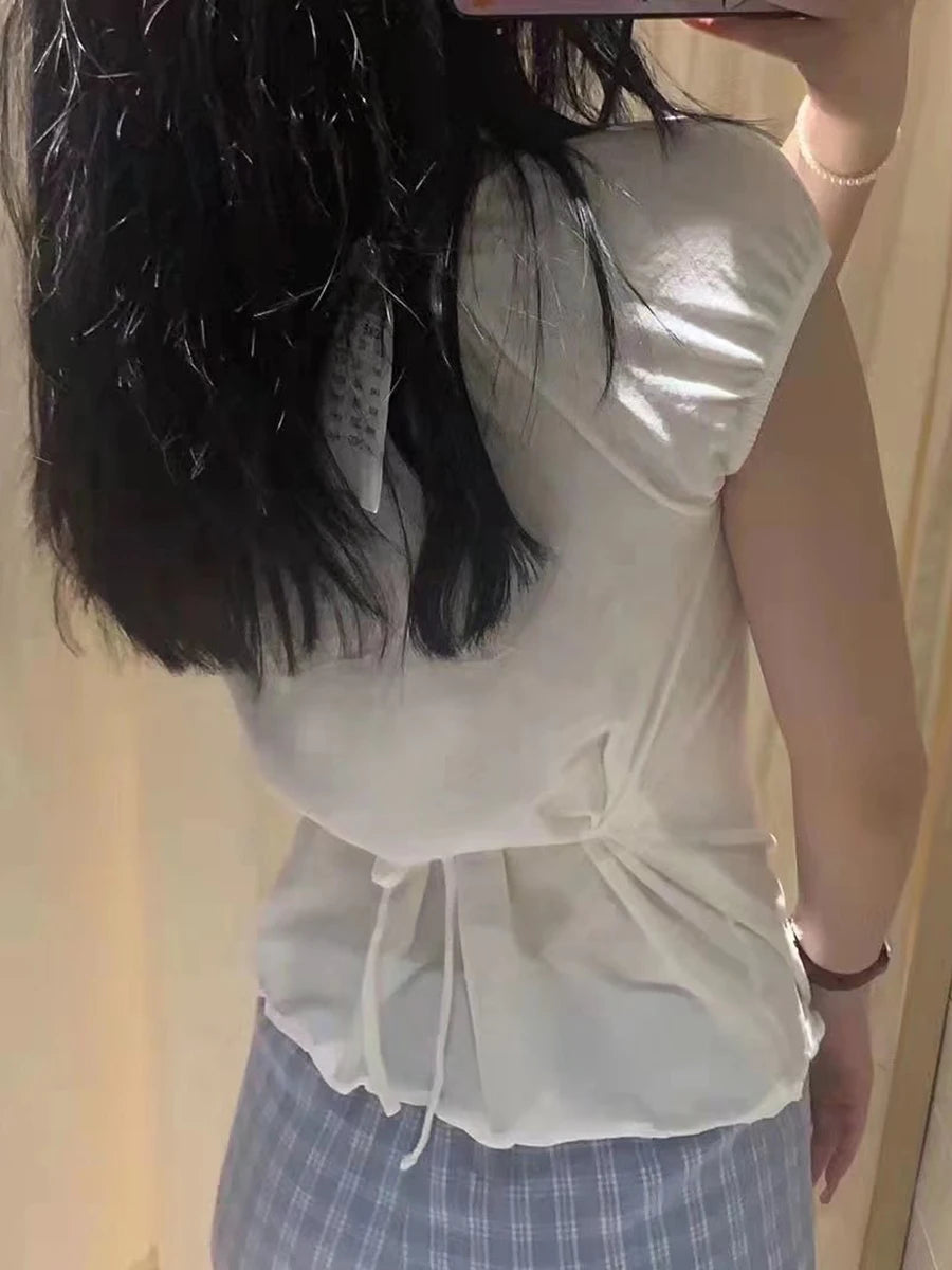 White Ruffle Lace-up Cotton Short Sleeve Tees Women Summer Casual Streetwear Button Tops Female Vintage Sweet Cute Y2K T-shirts