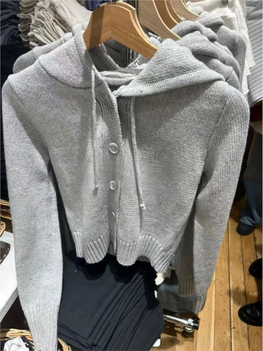 Autumn Gray Cotton Crop Sweater Cardigan Women Buttons Slim Hooded Long Sleeve Knitted Hoodie Cute Preppy Style Sweet Sweaters