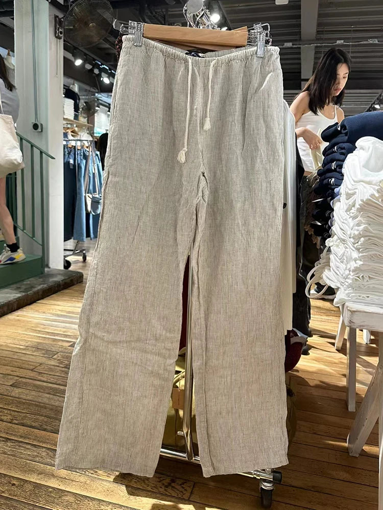 New Pink Striped Drawstring Long Pants Women Cotton Casual High Waist Simple Wide Leg Pant Vintage Loose Streetwear Chic Trouser