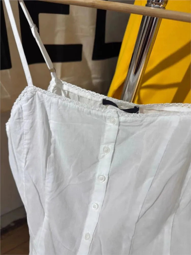New White Folds Lace Trim Tank Top for Woman Summer Simple Single Breasted Slim Camisole Female Sweet Preppy Style Vest Y2k Tops