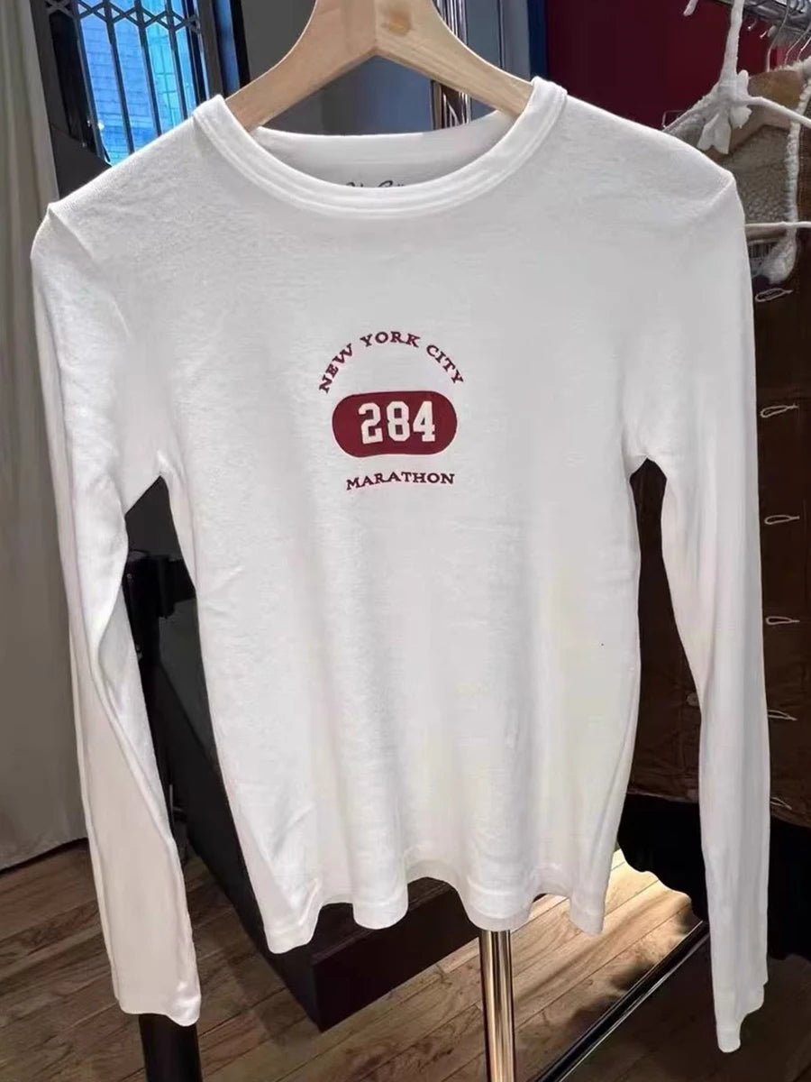Fashion Letter Print Long Sleeve Tees Women Autumn Cotton Casual Slim Solid Simple T-shirts Streetwear Vintage American Y2K Tops