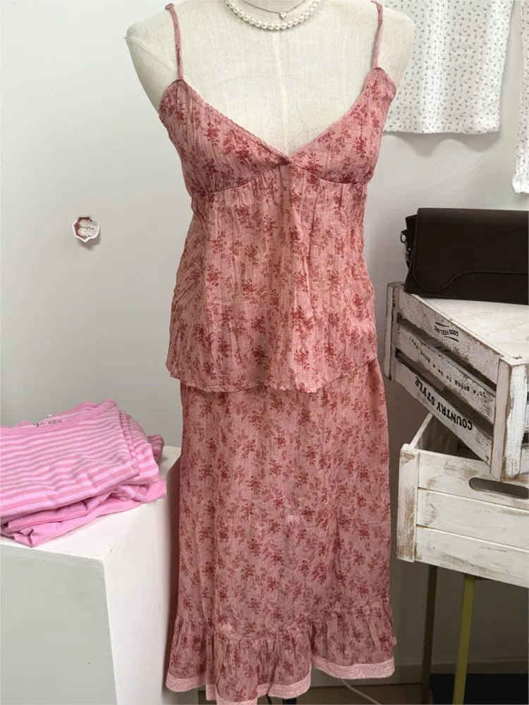Floral Folds Deep V-neck Camisole Women Y2K Chic Lace Trim Slim Backless Vest Evening Camis Vintage Sweet Preppy Style Tank Tops