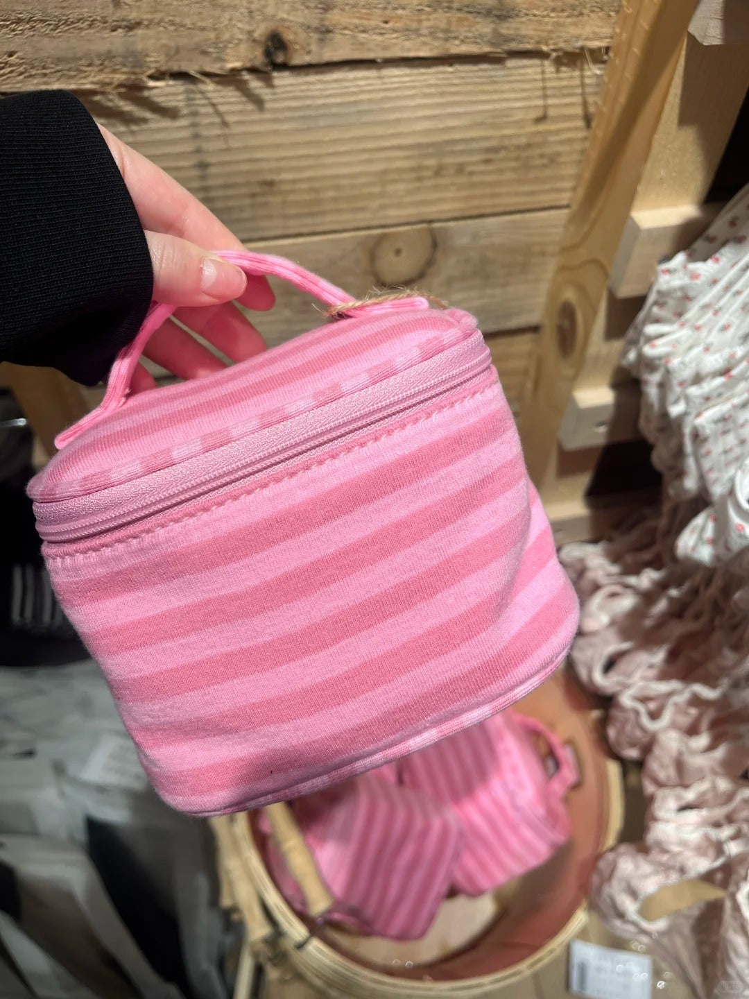 Pink Striped Mirror Makeup Bag