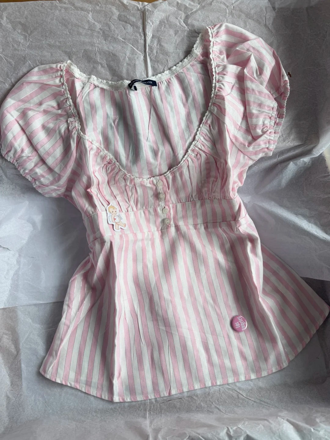 Pink Striped Puff Sleeves Tees Pretty Versatile Blouse