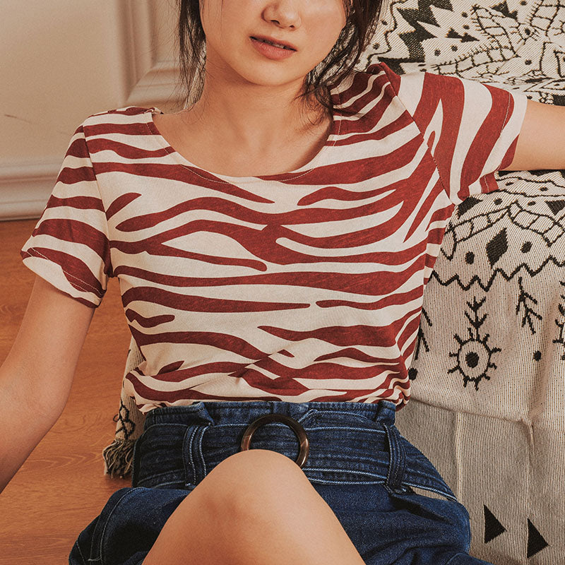 Red stripe round neck women T-shirt