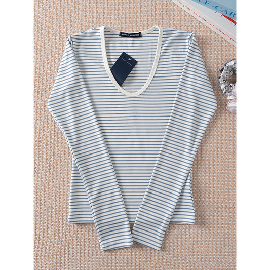 American retro V-neck blue and white striped long-sleeved T-shirt