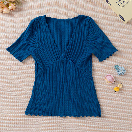 French V-neck lace Short Sleeve Sweater Top