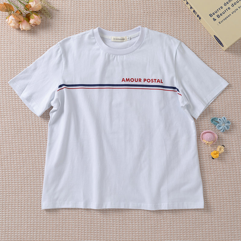 Casual crew neck striped lettered T-shirt women