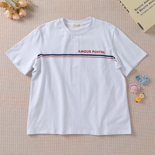 Casual crew neck striped lettered T-shirt women