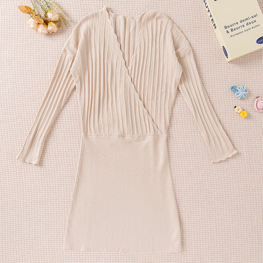Spring and autumn V-neck slim short skirt sweater long sleeve solid color