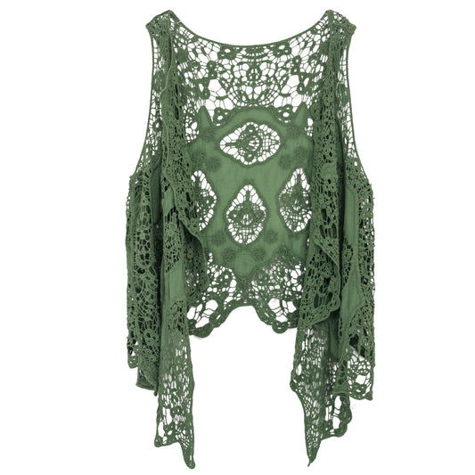 Haut cache-cœur en crochet avec patchs hippies et froncés, vert