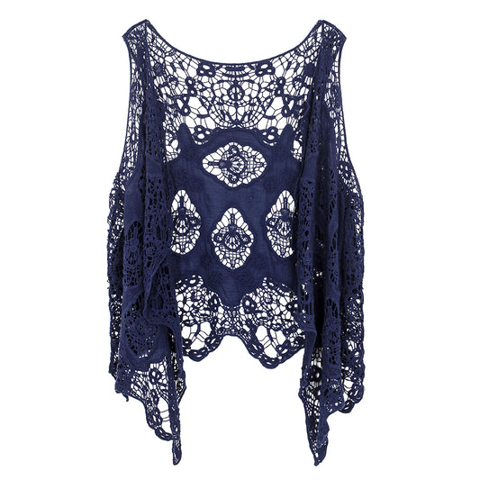 Haut cache-cœur en crochet avec patch hippie froal bleu marine