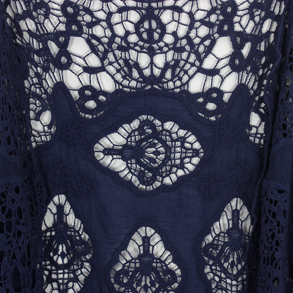 Hippie Froral Patch Crochet Cover Up Top navy