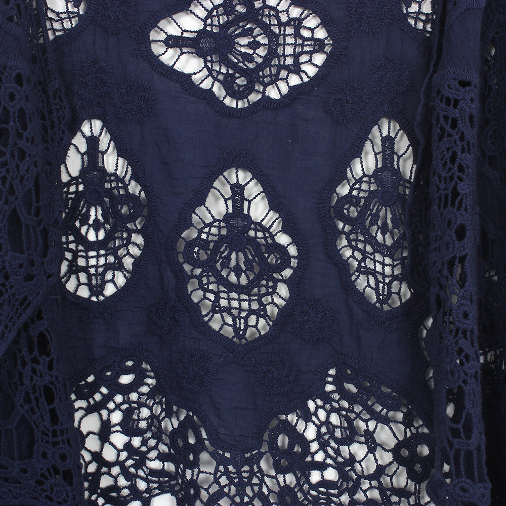 Hippie Froral Patch Crochet Cover Up Top navy