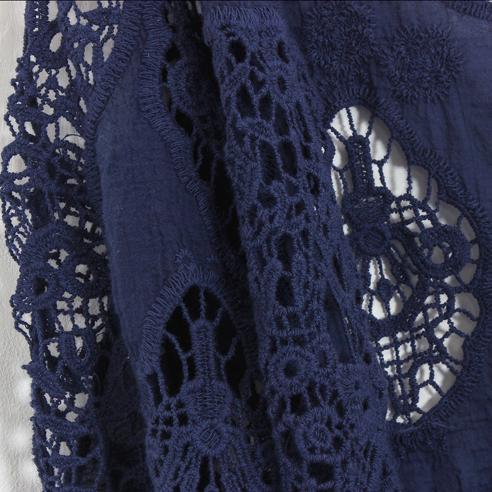 Hippie Froral Patch Crochet Cover Up Top navy