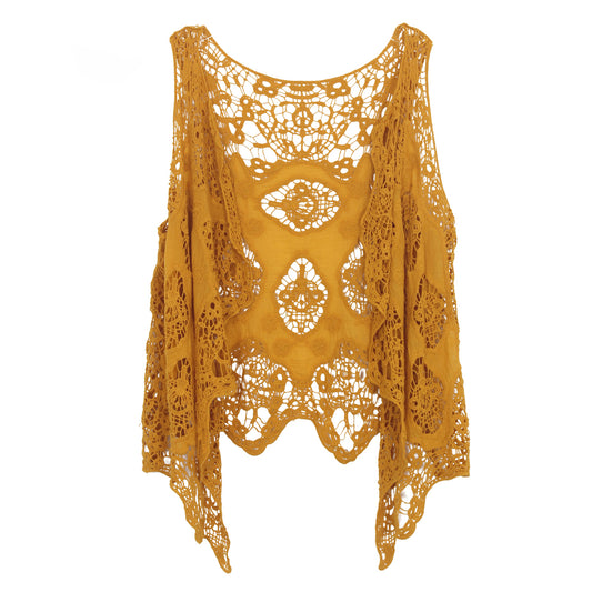 Haut cache-cœur en crochet avec patch hippie froal jaune foncé